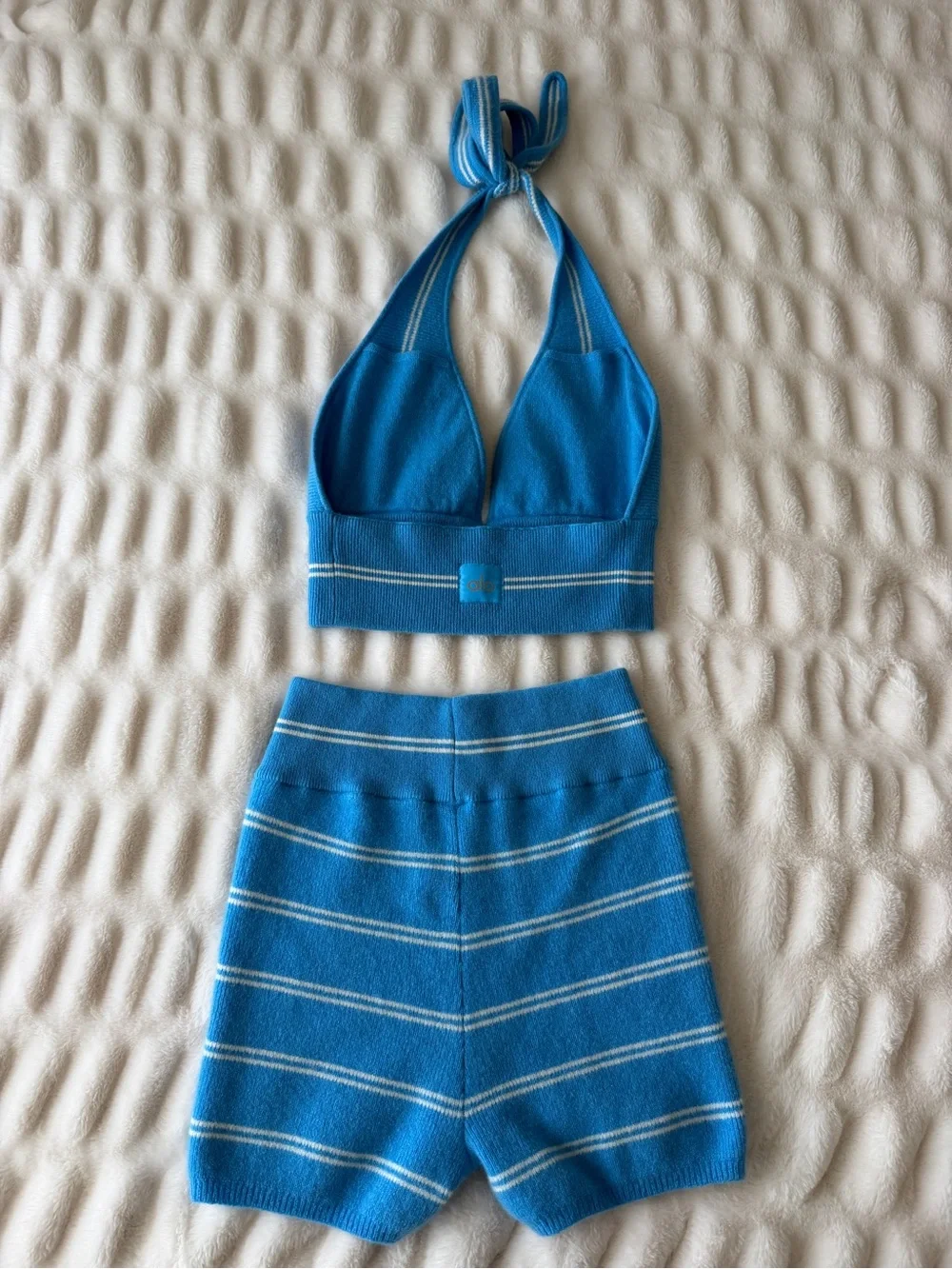 Alo Yoga Cashmere Mini Stripe Halter Top & Shorts Set in Azure Blue/White